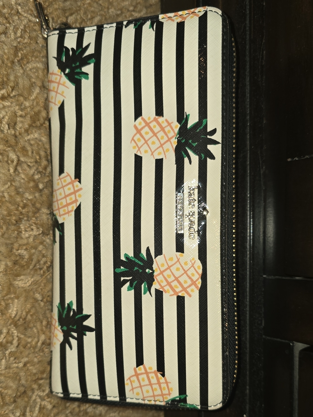 kate spade Black and White Striped Pineapple Zip Wallet